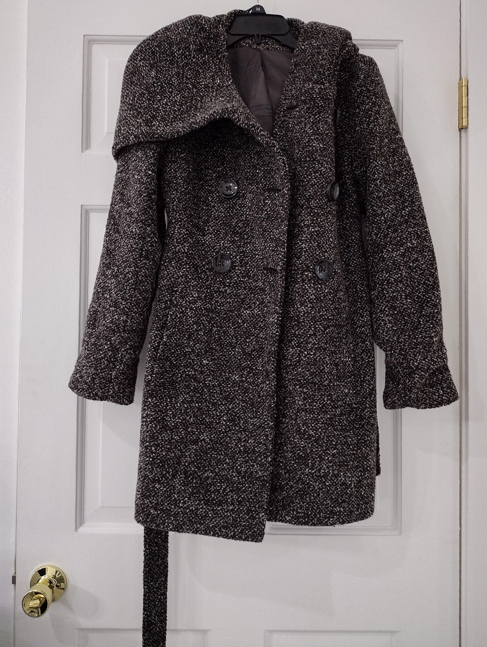 Women's Hooded Double-Breasted Wool-Blend Coat -  Brown/Multi Color - Picture 8 of 16